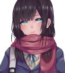  1girl beige_sweater black_hair blue_eyes blue_ribbon coat crying crying_with_eyes_open enpera expressionless eyelashes face highres kiri_itoguchi lips long_hair looking_up original red_scarf ribbon scarf simple_background solo streaming_tears tears white_background 