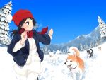  1girl baggy_clothes beanie black_hair blue_coat blue_eyes blush commentary dog fisheye fringe hands_up hat highres long_sleeves looking_back maruhana mountain open_mouth original pants red_hat red_scarf running scarf shiba_inu shirt smile snow solo tree white_pants white_shirt winter 