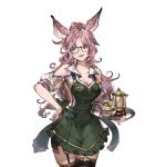  1girl animal_ears apron bare_shoulders black_legwear breasts catharine_(granblue_fantasy) cleavage granblue_fantasy hand_on_hip holding holding_tray long_hair looking_away minaba_hideo miniskirt open_mouth pink_hair skirt teapot thigh-highs transparent_background tray violet_eyes waitress zettai_ryouiki 