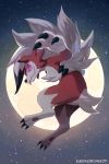  &gt;:) bluekomadori claws full_body full_moon grin highres lycanroc moon night night_sky no_humans pokemon pokemon_(creature) red_eyes ringed_eyes sharp_teeth sky smile solo teeth tumblr_username watermark 