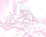  2girls bed commentary female gradient gradient_background iesupa indoors looking_at_another monochrome multiple_girls navel pajamas ruby_rose rwby scar sleeping weiss_schnee whistle white_background 