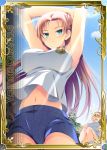  &gt;o&lt; 2girls armpits arms_up blonde_hair blue_eyes blue_shorts brown_hair copyright_name cosette_coalhearth from_below gym_uniform hairband juliana_eberhardt long_hair looking_at_viewer lowres multiple_girls outdoors senjou_no_valkyria senjou_no_valkyria_2 short_hair short_shorts shorts 
