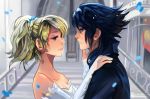  1boy 1girl black_hair blonde_hair blue_eyes breasts dress eye_contact final_fantasy final_fantasy_xv hand_on_another&#039;s_face larienne looking_at_another lunafreya_nox_fleuret noctis_lucis_caelum spiky_hair white_dress 