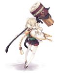  1girl ahoge bangs bell blonde_hair commentary green_eyes hammer holding holding_weapon japanese_clothes jingle_bell original poco_(asahi_age) rope shimenawa simple_background solo stamp thigh-highs twintails weapon white_background white_legwear 