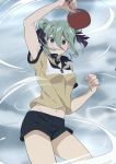  1girl bow crazy_eyes dojiru dot_nose empty_eyes eyebrows eyebrows_visible_through_hair futamaru_kururi green_eyes green_hair hair_between_eyes highres matching_hair/eyes paddle polo_shirt shakunetsu_no_takkyuu_musume short_twintails solo table_tennis_paddle tied_hair twintails 