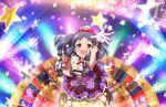  1girl alternate_costume artist_request black_hair blush breasts brown_eyes cleavage dress frilled_dress frills gloves hair_ornament idol idolmaster idolmaster_cinderella_girls idolmaster_cinderella_girls_starlight_stage long_hair microphone official_art oonuma_kurumi roulette smile solo star tearing_up 
