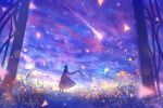  1girl clouds colorful comet dress dutch_angle fantasy from_behind gate grass light_particles long_hair original path road sakimori_(hououbds) scenery silhouette sky solo texture wind 
