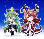  2girls :&lt; :d ^_^ ahoge animal_ears antlers bare_shoulders black_legwear blue_background blush_stickers boots brown_hair chibi christmas_ornaments closed_eyes commentary_request crying crying_with_eyes_open detached_sleeves fake_animal_ears frown gradient gradient_background green_hair grin hair_ribbon hairband hands_on_hips ice_crystal kantai_collection kawakaze_(kantai_collection) long_hair low_twintails multiple_girls o_o open_mouth pleated_skirt redhead reindeer_antlers reindeer_ears ribbon school_uniform serafuku shoes skirt smile star tearing_up tears thigh-highs tk8d32 twintails v_arms very_long_hair yamakaze_(kantai_collection) zettai_ryouiki 