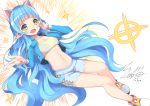  1girl :d animal_ears blue_hair breasts cat_ears cleavage fake_animal_ears fang green_eyes long_hair looking_at_viewer midriff navel open_mouth original pointy_ears signature slumcat smile solo very_long_hair 
