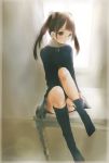  1girl brown_eyes brown_hair highres kowiru long_hair looking_at_viewer no_shoes original sitting socks solo twintails 