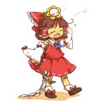  androgynous arm_up ascot bandaid bandaid_on_knee bandaid_on_leg bangs black_shoes blush bow brown_hair bubble closed_eyes closed_mouth cosplay detached_sleeves eyebrows_visible_through_hair flower flowey_(undertale) frisk_(undertale) full_body gohei hair_bow hair_tubes hakurei_reimu hakurei_reimu_(cosplay) highres holding iiwake japanese_clothes leaf long_sleeves miko motion_lines on_head one_eye_closed open_mouth red_bow ribbon-trimmed_sleeves ribbon_trim rubbing_eyes shoe_bow shoes short_hair simple_background skirt skirt_set standing stick teardrop tears touhou undertale white_background wide_sleeves yawning 