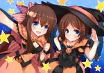  2girls black_hat blue_eyes breasts brown_hair cleavage eyebrows_visible_through_hair hair_ornament hairclip halloween_costume hand_on_hip hat long_hair looking_at_viewer multiple_girls nerv110 open_mouth original short_hair siblings smile star twins witch_hat 