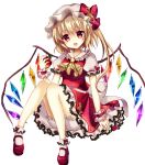  1girl :d apple ascot bent_knees blonde_hair bloomers bobby_socks bow crystal flandre_scarlet food frilled_shirt_collar frills fruit full_body hat hat_bow highres looking_at_viewer mary_janes mayo_(miyusa) mob_cap open_mouth petticoat puffy_short_sleeves puffy_sleeves red_bow red_eyes red_shoes red_skirt red_vest shoes short_sleeves side_ponytail simple_background skirt skirt_set smile socks solo touhou underwear vest white_background white_legwear wings wrist_cuffs 