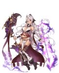  1girl arrow asherah_(sennen_sensou_aigis) boots breasts cleavage detached_sleeves floating_hair full_body holding_bow_(weapon) long_hair navel official_art pelvic_curtain sennen_sensou_aigis solo thigh-highs thigh_boots transparent_background violet_eyes white_hair 
