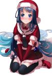  1girl alternate_costume ao_iro aqua_hair black_legwear blue_eyes blue_hair blush breasts elbow_gloves full_body gloves hat highres kantai_collection long_hair looking_at_viewer miniskirt puffy_short_sleeves puffy_sleeves red_clothes red_skirt samidare_(kantai_collection) santa_costume santa_hat short_sleeves sitting skirt small_breasts smile solo very_long_hair 