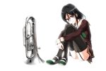  1girl black_hair black_legwear blue_eyes euphonium garter_straps genya_(genya67) glasses hibike!_euphonium highres instrument leg_hug long_hair school_uniform serafuku shoes sitting tanaka_asuka thigh-highs uwabaki 