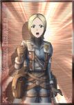  1girl blonde_hair blue_hairband brown_gloves copyright_name cowboy_shot fina_sellers gloves green_eyes hairband looking_at_viewer lowres military military_uniform open_mouth senjou_no_valkyria senjou_no_valkyria_1 short_hair solo uniform 
