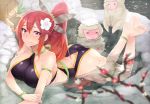  1girl angelo_(gomahangetsu) anklet armlet ass barefoot blush bracelet breasts feet flower hair_flower hair_ornament highres japanese_macaque jewelry large_breasts long_hair maeda_toshinaga_(sengoku_bushouki_muramasa) monkey partially_submerged ponytail red_eyes redhead sengoku_bushouki_muramasa smile solo 