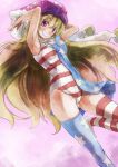  1girl adapted_costume alternate_legwear american_flag_dress american_flag_legwear american_flag_swimsuit armpits arms_up asymmetrical_clothes blonde_hair clownpiece dress grin hat jester_cap one-piece_swimsuit red_eyes short_dress smile solo star striped striped_legwear striped_swimsuit swimsuit thigh-highs touhou yohane 
