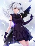  1girl angel_wings bare_shoulders diffraction_spikes dress drill_hair elbow_gloves feathers gloves highres idolmaster idolmaster_cinderella_girls kanzaki_ranko long_hair looking_at_viewer nayuta69 open_mouth red_eyes rosenburg_engel silver_hair smile solo twin_drills twintails wings 