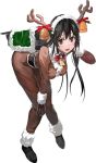  animal_costume bell black_hair blush bob_(biyonbiyon) bodysuit chikuma_(kantai_collection) gloves horns kantai_collection leaning_forward looking_at_viewer official_art open_mouth reindeer_costume ribbon transparent_background 