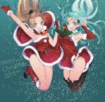  2016 2girls :d aqua_hair arm_warmers armpits ascot bare_shoulders belt belt_buckle bent_knees black_boots black_panties blue_eyes blush boots breasts brown_hair buckle capelet christmas_tree_hair_ornament detached_collar dress full_body fur_trim green_background green_boe green_eyes hair_ornament hairclip highres kantai_collection kumano_(kantai_collection) long_hair looking_at_viewer mary_janes medium_breasts mittens multiple_girls open_mouth palms_together panties ponytail red_boots santa_costume shoes smile sundress suzuya_(kantai_collection) tareme tebi_(tbd11) thigh-highs thigh_boots underwear upskirt 