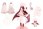  1girl 2rott_(peha) :o bag boots cape character_sheet chibi dress fingerless_gloves frilled_dress frills full_body gloves long_hair long_sleeves looking_at_viewer multiple_views original pink_eyes pink_hair profile reflection simple_background solo twintails very_long_hair white_background 