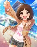  1girl antenna_hair artist_request brown_eyes brown_hair card_(medium) character_name christmas_tree flower_(symbol) hidaka_ai hood hooded_jacket idolmaster idolmaster_cinderella_girls idolmaster_dearly_stars jacket official_art plaid short_hair shorts smile solo winter_clothes 