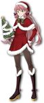  1girl akashi_(kantai_collection) christmas_tree fujikawa full_body hat kantai_collection long_hair official_art pink_hair ribbon santa_costume santa_hat skirt smile solo thigh-highs transparent_background twintails yellow_eyes 