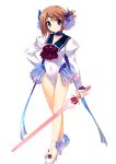  1girl artist_request blue_eyes brown_hair collar frills full_body gem hair_ornament hand_on_hip high_heels highres holding holding_weapon jewelry komaki_manaka leotard long_sleeves looking_at_viewer smile solo standing sword to_heart_2 to_heart_2_dungeon_travelers transparent_background weapon 