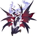  1girl arms_up awakening_(sennen_sensou_aigis) bat_wings black_legwear blush boots cape circlet detached_sleeves eden_(sennen_sensou_aigis) fangs flat_chest floating_hair full_body gochou_(kedama) head_wings leotard long_hair multiple_wings official_art open_mouth pointy_ears red_eyes sennen_sensou_aigis sidelocks slit_pupils solo thigh-highs thigh_boots transparent_background twintails vampire white_hair white_skin wings 
