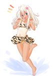  1girl animal_print bandeau barefoot bikini blonde_hair blue_eyes fujisaki_yuu_(faint_wistaria) full_body kantai_collection long_hair looking_at_viewer one-piece_tan open_mouth ro-500_(kantai_collection) sarong smile standing standing_on_one_leg swimsuit tan tanline teeth tiger_print 