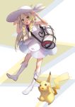  1girl arms_up bag bangs blonde_hair blush boots braid dress duffel_bag eyebrows_visible_through_hair geroro green_eyes hat highres lillie_(pokemon) looking_at_viewer low_twintails pikachu pokemon pokemon_(game) pokemon_sm sleeveless sleeveless_dress smile solo standing sun_hat sundress twintails white_boots white_dress 