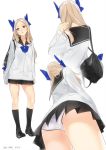  1girl 2016 adjusting_hair alternate_costume ama_mitsuki arms_at_sides asakaze_(kantai_collection) ass bag black_legwear black_shoes black_skirt blonde_hair blue_bow blue_bowtie bow bowtie buttons character_sheet collarbone contrapposto dated female from_behind from_below hair_bow handbag kantai_collection kneehighs light_brown_hair loafers long_sleeves looking_to_the_side miniskirt multiple_views panties pantyshot pleated_skirt pocket school_uniform serafuku shoes shoulder_bag simple_background skirt sleeves_past_wrists socks tareme thighs underwear uniform upskirt violet_eyes white_background white_panties 