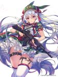  1girl ak-74 animal_ears assault_rifle beret blue_hair dress furyou_michi_~gang_road~ gun hat holding holding_gun holding_weapon long_hair looking_at_viewer official_art rabbit_ears rifle simple_background sniper_rifle solo thigh_strap twintails very_long_hair violet_eyes watermark weapon white_background white_legwear yeonwa 