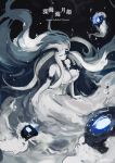 1girl abyssal_jellyfish_hime air_bubble blue_eyes breasts character_name cleavage dress eyepatch kantai_collection lansane large_breasts long_hair shinkaisei-kan solo underwater very_long_hair white_hair 