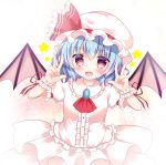  1girl :d arm_garter ascot bat_wings blue_hair brooch double_v fang frilled_hat frilled_shirt frilled_sleeves frills hair_between_eyes hat jewelry looking_at_viewer mob_cap open_mouth pink_hat pink_shirt pink_skirt puffy_short_sleeves puffy_sleeves red_eyes remilia_scarlet rika-tan_(rikatantan) shirt short_hair short_sleeves skirt smile solo star touhou upper_body v wings wrist_cuffs 