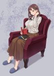 1girl adjusting_hair armchair blue_eyes blush book breasts brown_hair brown_skirt chair closed_mouth floral_background full_body highres holding holding_book large_breasts long_hair long_skirt long_sleeves nanatsu_(pixiv1467365) no_socks open_book original reading sitting skirt slippers smile solo striped striped_sweater sweater 