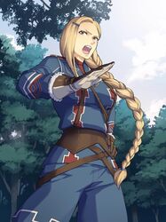  1girl audrey_gassenarl blonde_hair braid brown_eyes forest gloves hair_ornament hairclip hand_on_hip long_hair military military_uniform mole mole_under_eye nature open_mouth outdoors senjou_no_valkyria senjou_no_valkyria_2 solo tree uniform yuikawa_kazuno 