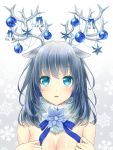  1girl antlers aqua_eyes bangs bare_shoulders bauble bell blue_bow blue_flower blue_ribbon blush bow breasts chains christmas christmas_ornaments cleavage commentary daidai_jamu eyebrows eyebrows_visible_through_hair grey_hair highres long_hair looking_up original parted_lips reindeer_antlers reindeer_ears revision ribbon shiny shiny_hair snowflake_background solo star tareme 