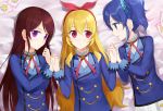  3girls aikatsu! akitaka_(pixiv12739753) blonde_hair blue_eyes blue_hair blush brown_hair girl_sandwich hair_ribbon hand_holding hoshimiya_ichigo kiriya_aoi long_hair looking_at_viewer multiple_girls open_mouth red_eyes ribbon sandwiched shibuki_ran side_ponytail skirt smile violet_eyes 