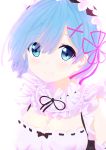  1girl blue_eyes blue_hair breasts cleavage commentary_request frills hair_ornament highres looking_at_viewer maid pink_ribbon portrait re:zero_kara_hajimeru_isekai_seikatsu rem_(re:zero) ribbon ribbon-trimmed_clothes ribbon_trim short_hair simple_background smile solo voltzix watermark web_address white_background x_hair_ornament 