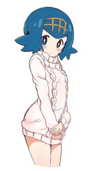  1girl aran_sweater blue_eyes blue_hair blush bright_pupils casual cowboy_shot dress hairband itamochi kaguyuzu looking_at_viewer pokemon pokemon_(game) pokemon_sm short_hair solo suiren_(pokemon) sweater sweater_dress trial_captain 