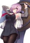  1girl alternate_costume armpits arms_up bangs breasts collared_shirt commentary commentary_request dress eyebrows_visible_through_hair fate/grand_order fate_(series) from_below glasses gluteal_fold hair_over_one_eye holding_shield hood hoodie large_breasts looking_at_viewer necktie pantyhose purple_hair shield shielder_(fate/grand_order) shirt short_hair simple_background sleeveless sleeveless_dress sleeveless_shirt smile solo violet_eyes white_background white_shirt yuu_(amadoki) 