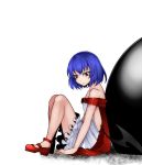  &gt;:( 1girl alternate_costume aoshima arm_support bangs bare_shoulders bat_wings blue_hair cape closed_mouth dress from_side full_body highres knees_up looking_at_viewer looking_to_the_side mary_janes no_hat no_headwear off-shoulder_dress off_shoulder open-back_dress red_eyes red_shoes remilia_scarlet rumia rumia_(darkness) shoes short_dress short_hair sitting solo touhou white_dress wings 
