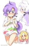  !! 2girls artist_name blonde_hair blood blush eromame facepaint hair_ribbon highres lila_(pokemon) long_hair matsurika_(pokemon) multiple_girls no_pants nosebleed paint paint_stains pokemon pokemon_(game) pokemon_sm purple_hair ribbon shirt sweatdrop t-shirt tied_hair trial_captain twitter_username violet_eyes yellow_eyes yuri 