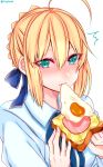  /\/\/\ 1girl ahoge aqua_eyes blonde_hair blush cheese eating fate/stay_night fate_(series) food fried_egg ham highres looking_at_viewer saber shisei_(kyuushoku_banchou) simple_background solo toast twitter_username white_background 