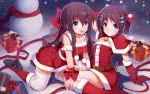  2girls bell blue_eyes boots bow box breasts brown_hair capelet christmas cleavage dress eyebrows_visible_through_hair gift gift_box gloves grin hair_ornament hair_ribbon hairclip highres kneeling long_hair looking_at_viewer multiple_girls nerv110 open_mouth original red_bow red_dress red_gloves red_ribbon ribbon santa_boots santa_costume short_hair siblings sitting smile snow snowman thigh-highs twins white_legwear 