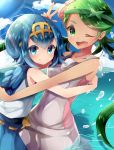  2girls ;d blue_eyes blue_hair blue_pants blue_sky dark_skin day flower green_eyes green_hair hair_flower hair_ornament hairband height_difference highres hug light_rays long_hair looking_at_viewer mallow_(pokemon) multiple_girls ocean one_eye_closed open_mouth outdoors overalls pants partially_submerged pokemon pokemon_(game) pokemon_sm rushin sailor_collar short_hair sky sleeveless smile splashing suiren_(pokemon) sunbeam sunlight swimsuit swimsuit_under_clothes trial_captain twintails v wading water 