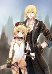  1boy 1girl blonde_hair blue_eyes brother_and_sister choker edna_(tales) eizen_(tales) gloves hairband hand_on_another&#039;s_head highres piripun ribbon short_hair siblings side_ponytail smile tales_of_(series) tales_of_berseria tales_of_zestiria umbrella 